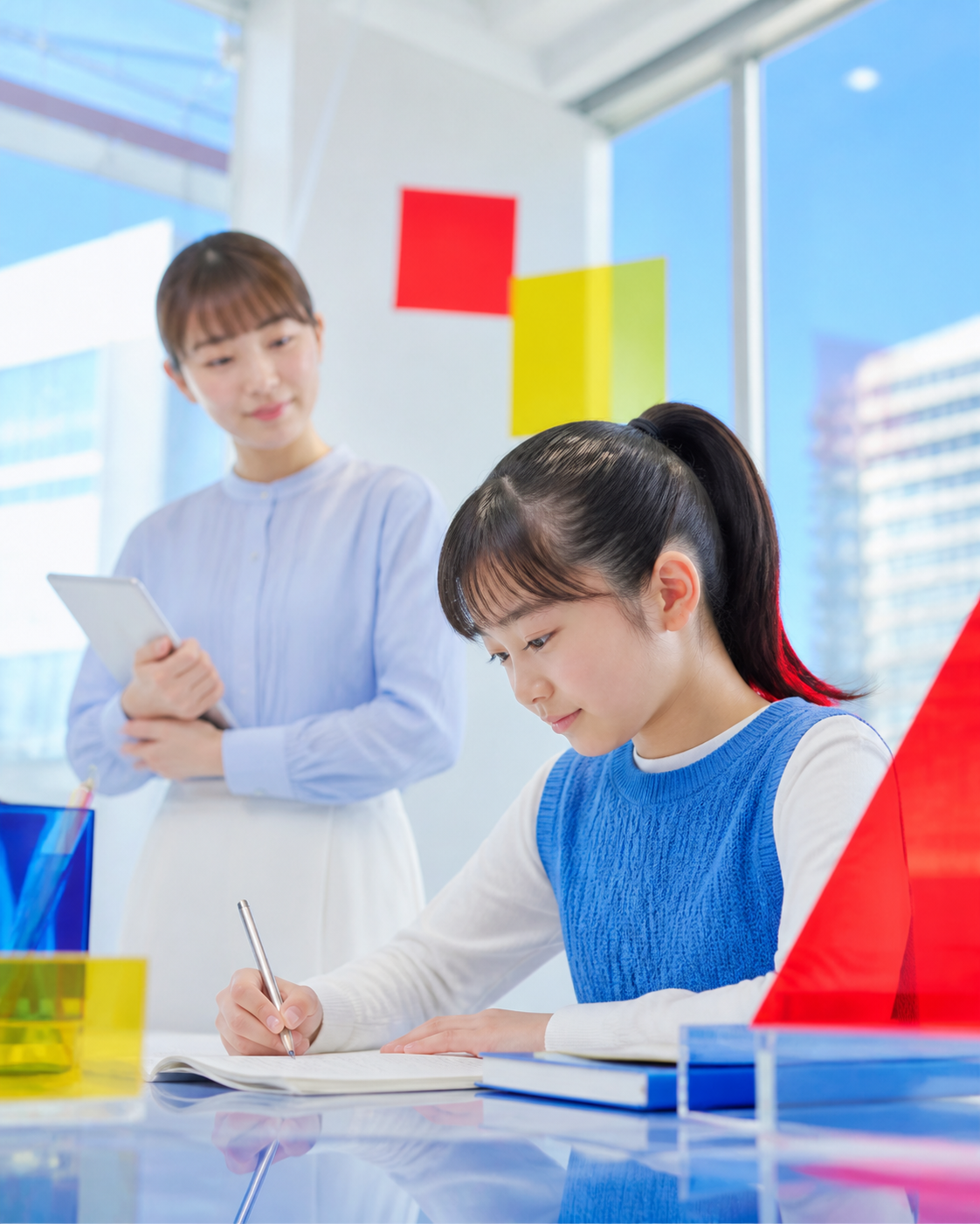 勉強に集中する生徒と、そばで見守る講師