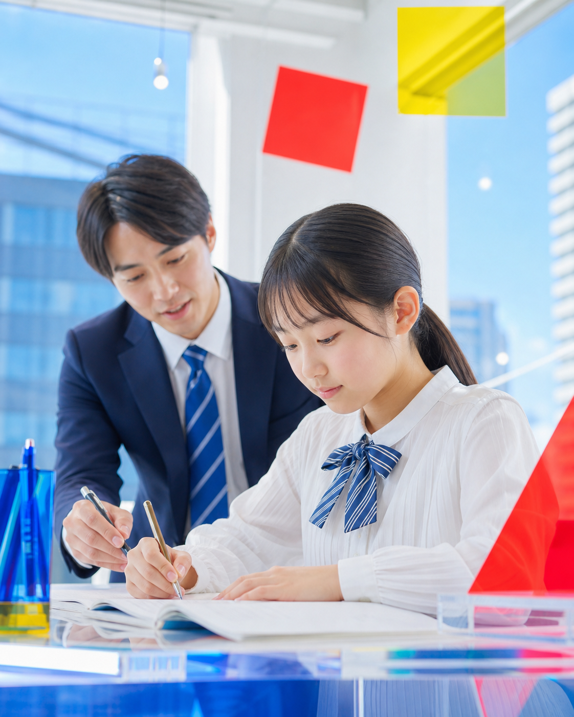 明るい教室で学ぶ小学生と見守る講師