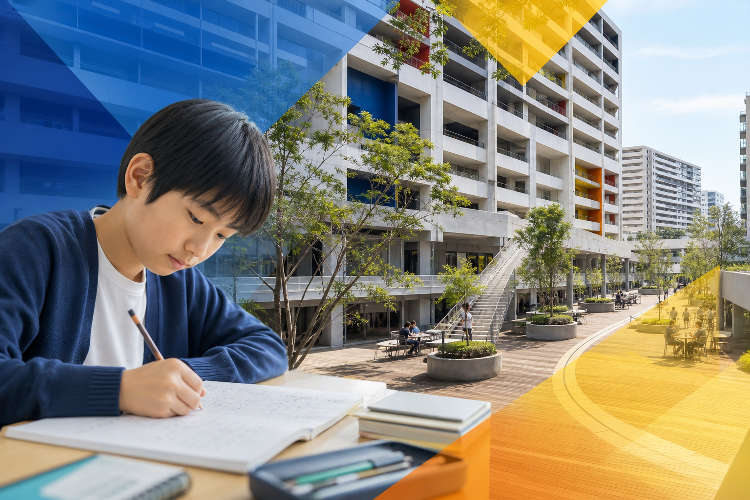 机に向かって学習する小学生