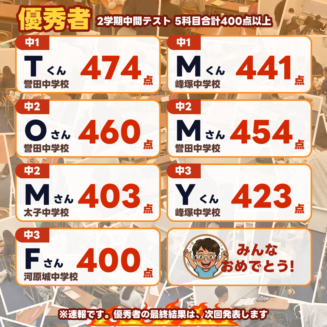 優秀者一覧（5科目合計400点以上）：中1 Tくん 誉田中学校 474点／中1 Mくん 峰塚中学校 441点／中2 Oさん 誉田中学校 460点／中2 Mさん 誉田中学校 454点／中2 Mさん 太子中学校 403点／中3 Yくん 峰塚中学校 423点／中3 Fさん 河原城中学校 400点